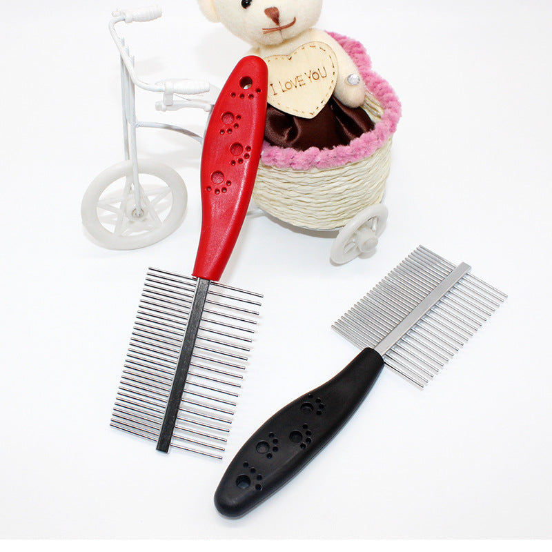 Red and black pet grooming combs with fine metal teeth for detangling fur, ideal for cats and dogs.