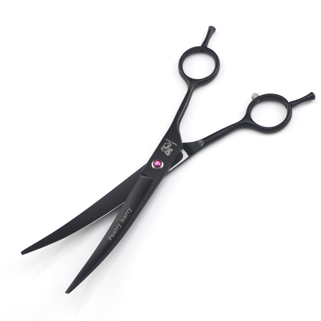 Professional pet grooming scissors with black finish and pink gem, ideal for precise fur trimming