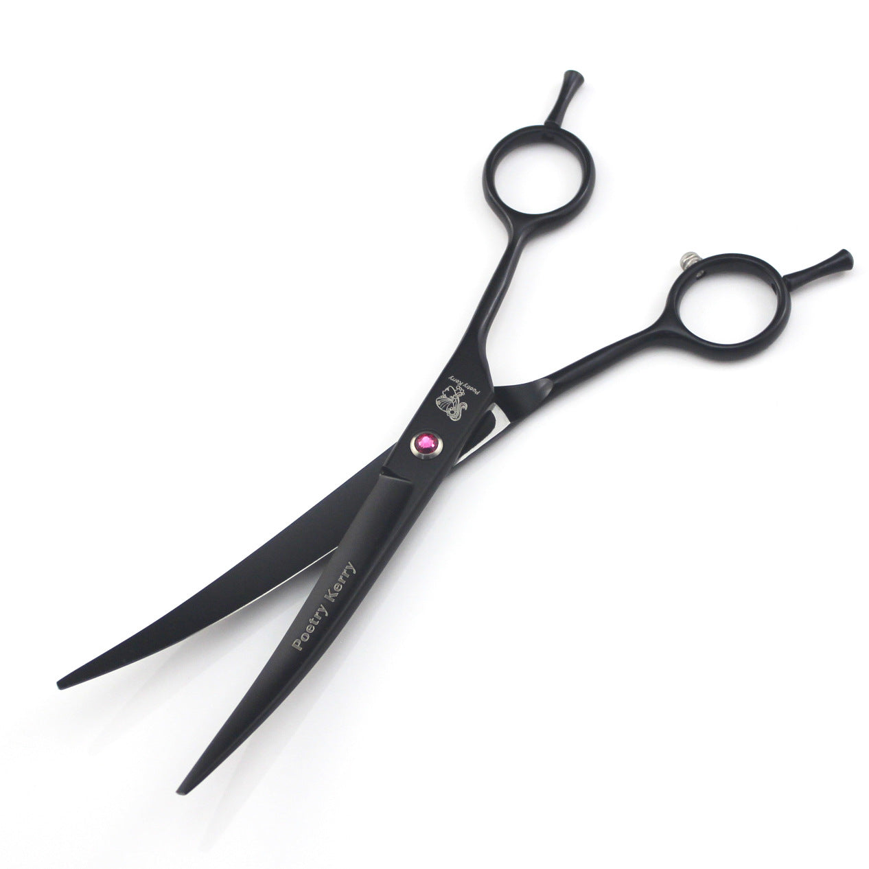 Professional pet grooming scissors with black finish and pink gem, ideal for precise fur trimming