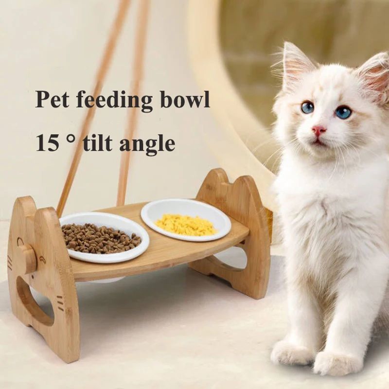 Pet Bowl Ceramic Double Bowl Wooden Stand