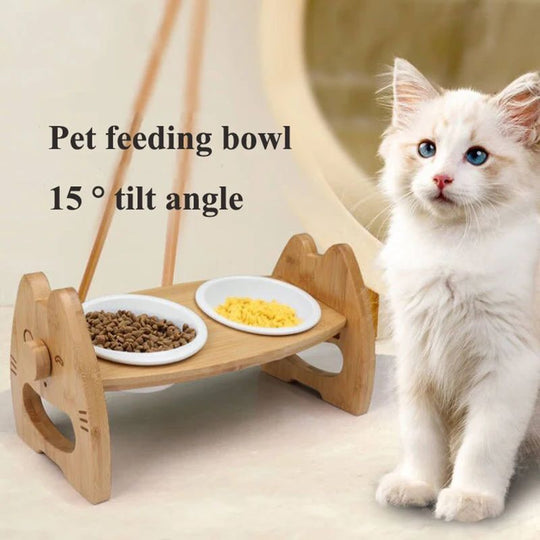 Pet Bowl Ceramic Double Bowl Wooden Stand