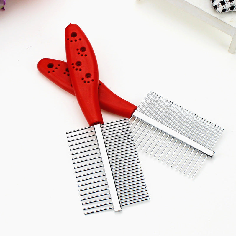 Red-handled pet grooming combs with fine and wide metal teeth for dog or cat coat care