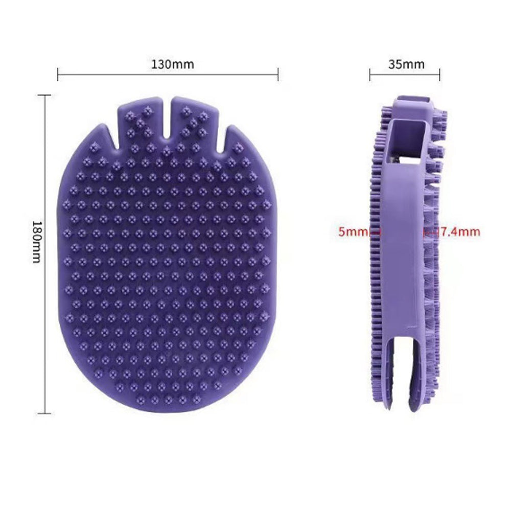 Pet Shampoo Brush Purple silicone pet grooming brush with massage nodules, 180mm x 130mm, ideal for dog and cat deshedding.