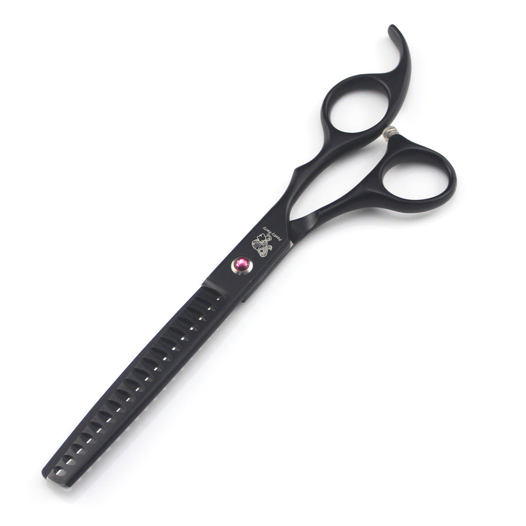 Black pet grooming scissors with ergonomic handle and pink accent, ideal for precise fur trimming.