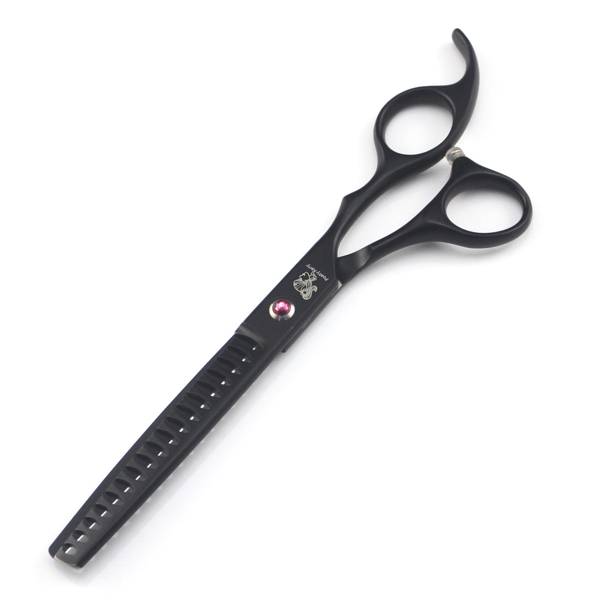 Black pet grooming scissors with ergonomic handle and pink accent, ideal for precise fur trimming.