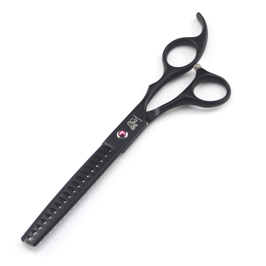 Black pet grooming scissors with ergonomic handle and pink accent, ideal for precise fur trimming.