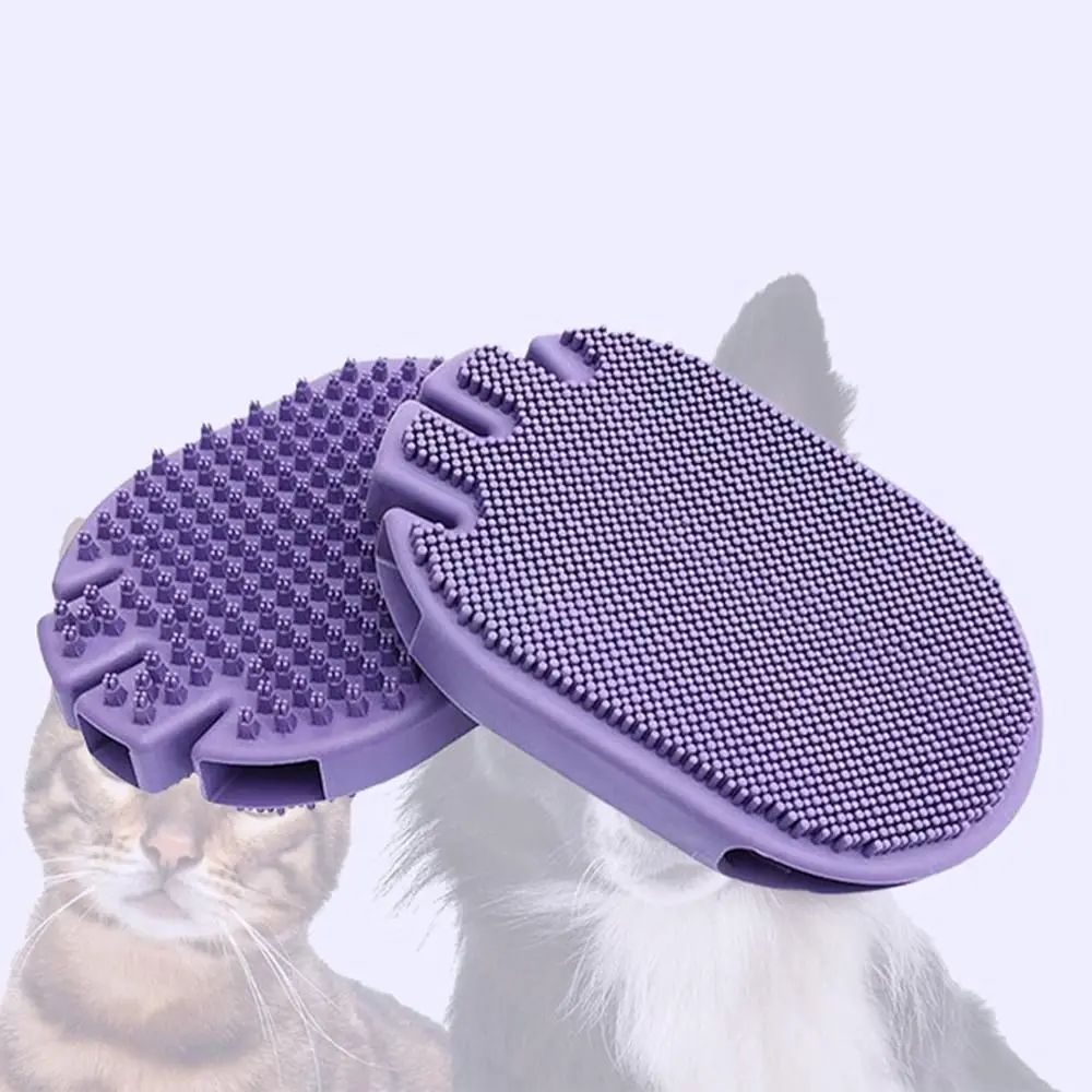 Pet Shampoo Brush Purple silicone pet grooming glove with massage bristles for cats and dogs, gentle deshedding tool