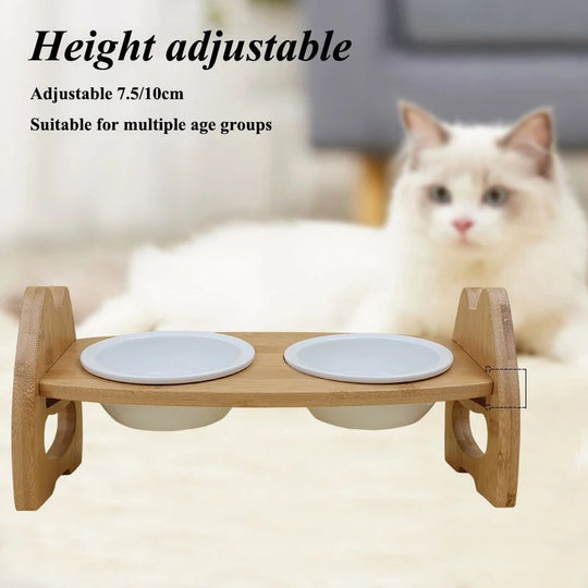 Pet Bowl Ceramic Double Bowl Wooden Stand