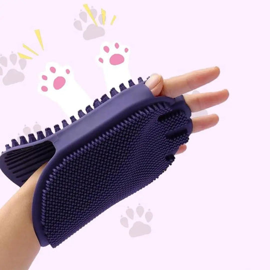 Pet Shampoo Brush Purple silicone pet grooming glove with soft bristles for dog and cat massage and shedding control