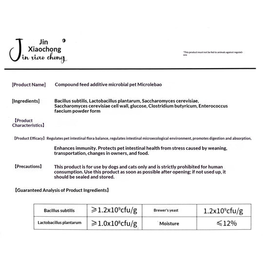 Gut Health pet probiotics for gut health ingredient information and analysis chart.