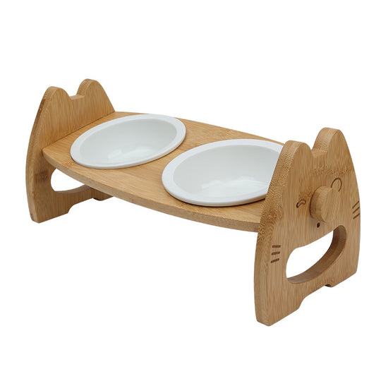 Pet Bowl Ceramic Double Bowl Wooden Stand