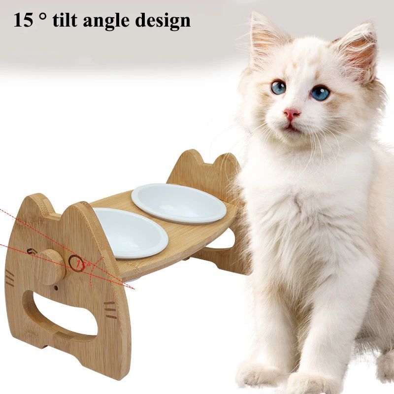 Pet Bowl Ceramic Double Bowl Wooden Stand