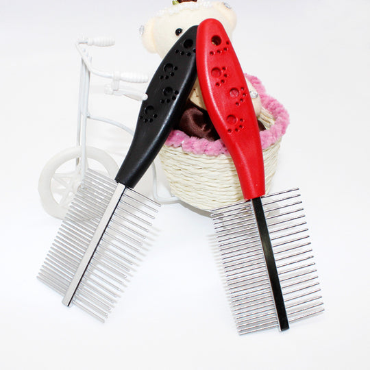 Black and red pet grooming combs with metal teeth for dogs and cats, ideal for detangling and shedding control