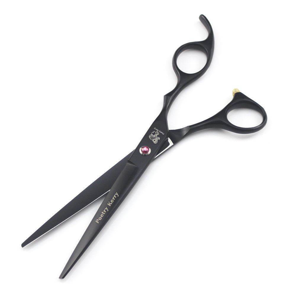 Black pet grooming scissors with ergonomic handles and pink gem, ideal for precise dog or cat hair trimming.