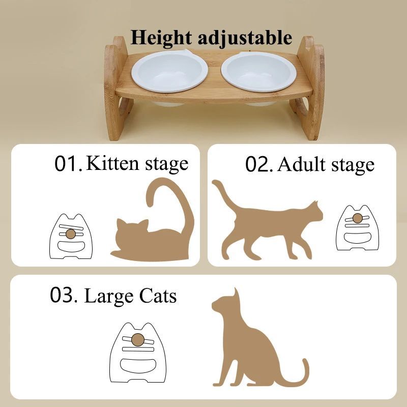 Pet Bowl Ceramic Double Bowl Wooden Stand