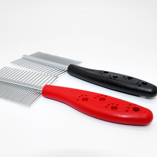 Red and black pet grooming combs with metal teeth for detangling fur, ideal for dog and cat care.