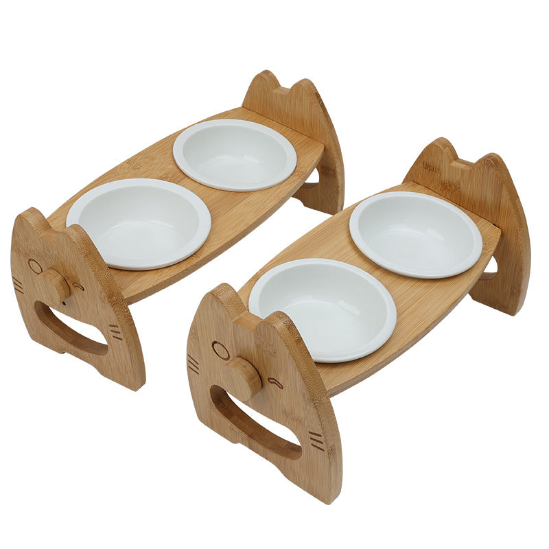 Pet Bowl Ceramic Double Bowl Wooden Stand