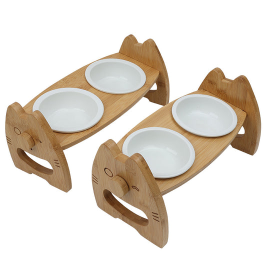 Pet Bowl Ceramic Double Bowl Wooden Stand