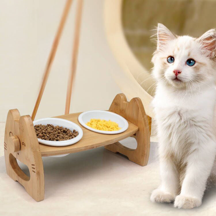 Pet Bowl Ceramic Double Bowl Wooden Stand